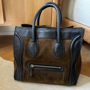 Celine Micro luggage tote bag in a dark olive suede and black leather